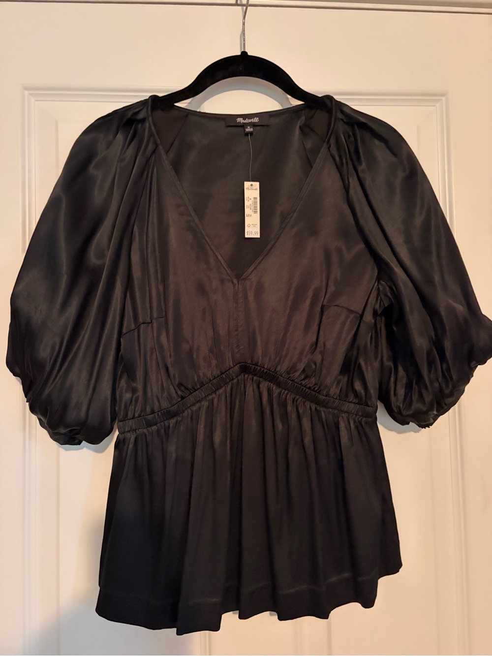 Madewell Black Satin V-Neck Puff Sleeve Blouse